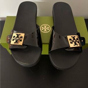 Tory Burch Black Buckle Slide with Gold Accents